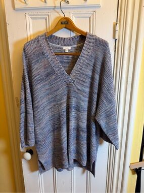 J Jill Womens 3X Blue Pink Marled Cotton Knit Oversized Tunic Sweater Poncho